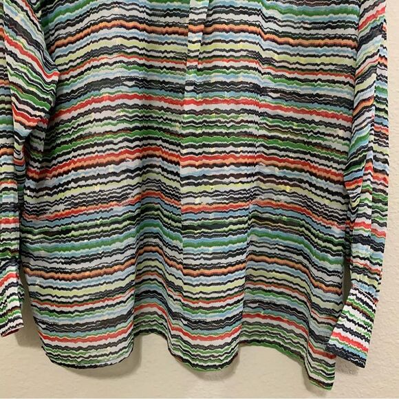 FOREVER 21 SHIRT WOMENS LARGE MUTI COLORED STRIPED SHEER HIDDEN BUTTON UP. - Picture 10 of 14